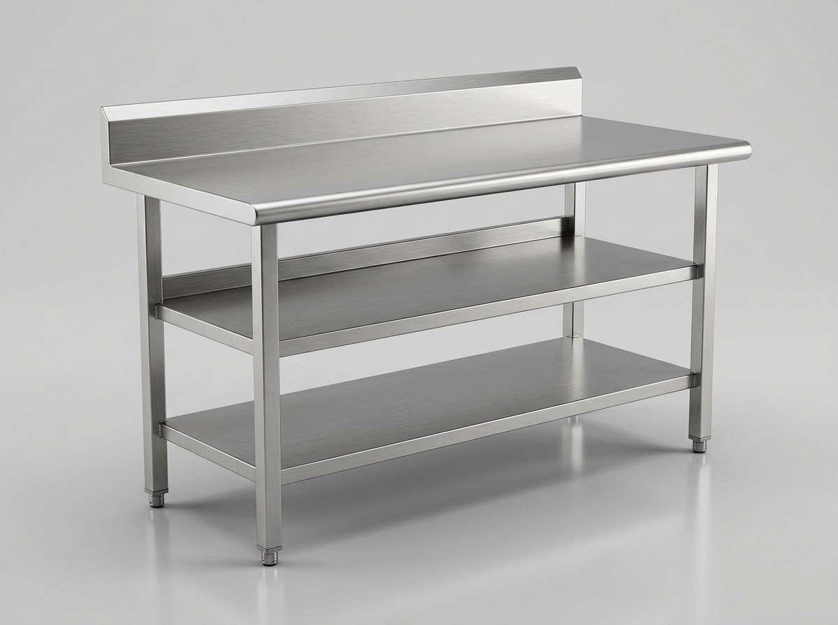 Commercial SS Prep Work Table with Dual Undershelves & Backsplash - Commercial Kitchen Equipment Mangaluru