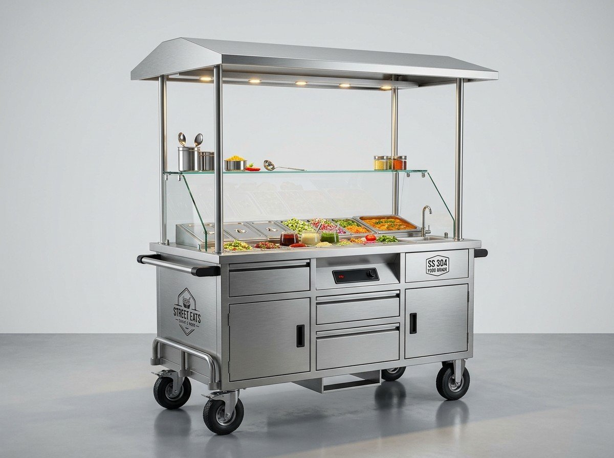 Heavy-Duty Street Food & Chaat Cart with Canopy & Glass Screen - Commercial Kitchen Equipment Mangaluru
